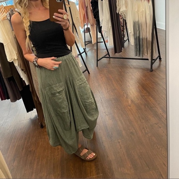 Tempo Paris Linen Skirt Washed Olive Green Sz M Italy Made Boho Lagenlook - Picture 2 of 15